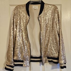 Lost + Wander Champagne Gold Sequin Bomber Jacket with Black Trim